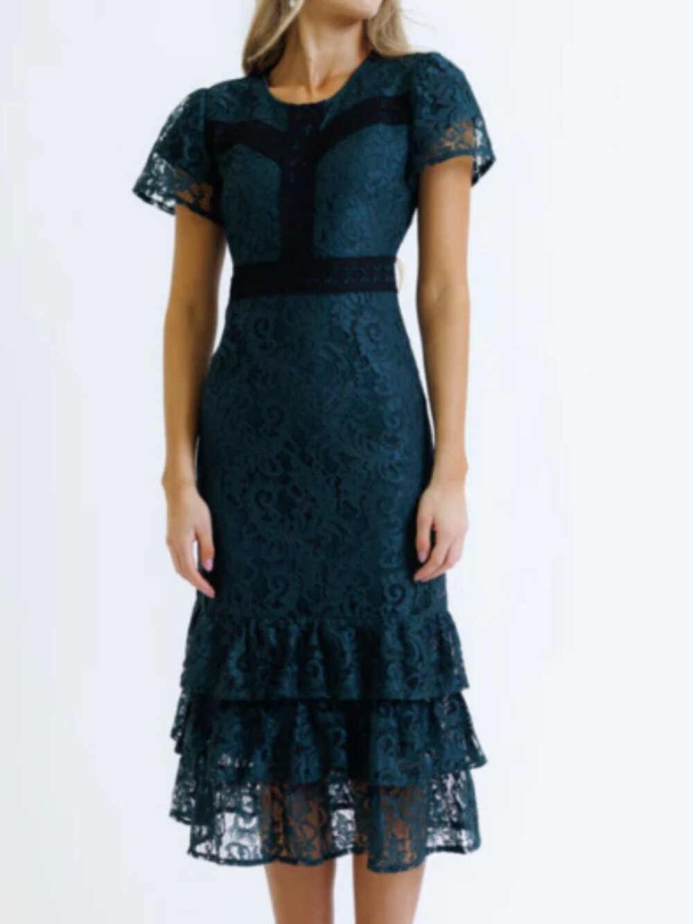 Downeast Whimsigoth Lace Midi Dress Forest Green Ruffle Tiered Hem Sz L Holiday